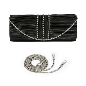 Evening Bag - 12 PCS - Satin Pleated w/ 3 Liner Clear Stone - Black - BG-EBS1132BK